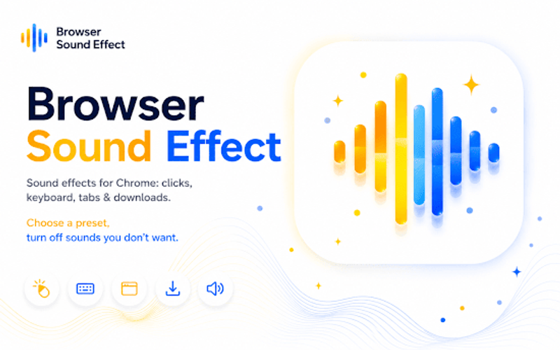 Browser Sound Effect promotional banner with sound wave graphic and clicks keyboard tabs downloads tagline