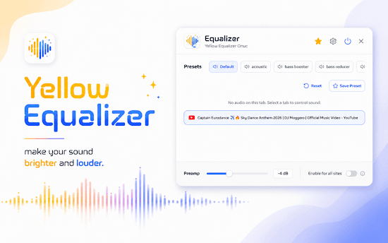 Equalizer Yellow popup with presets, tab selector, and preamp control