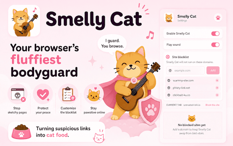 Smelly Cat promotional banner with fluffiest bodyguard theme, settings popup, and site blacklist